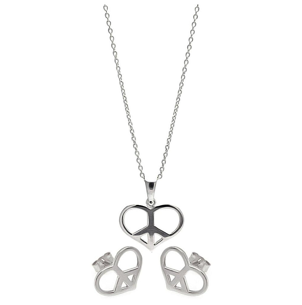 .925 Sterling Silver Rhodium Plated Open Heart Peace Sign Cz Stud Earring & Necklace Set