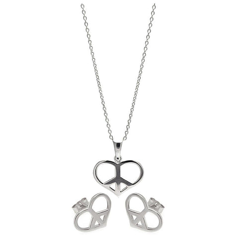 .925 Sterling Silver Rhodium Plated Open Heart Peace Sign Cz Stud Earring & Necklace Set