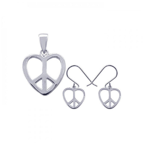 .925 Sterling Silver Rhodium Plated Open Heart Peace Sign Cz Dangling Hook Earring & Necklace Set