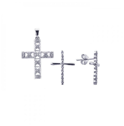 .925 Sterling Silver Rhodium Plated Cross Cz Stud Earring & Necklace Set