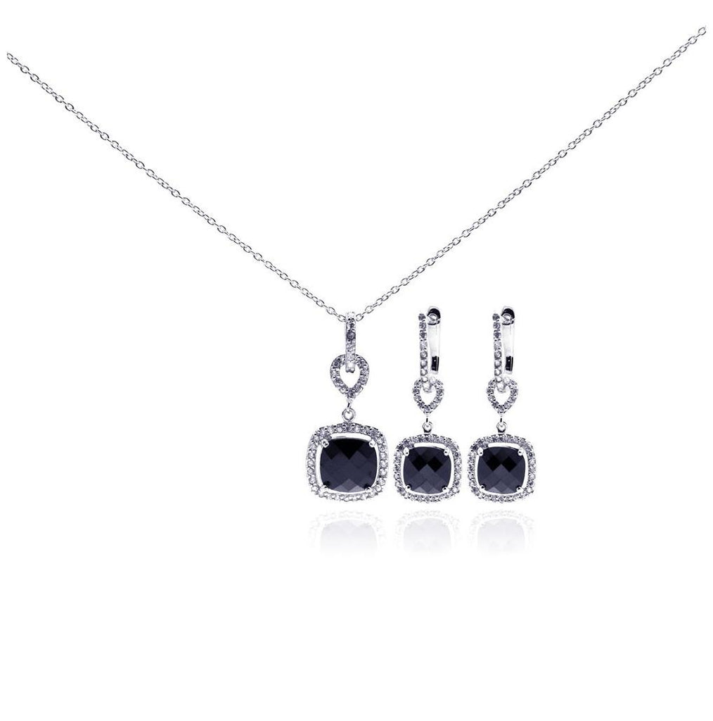 .925 Sterling Silver Rhodium Plated Black Square Cz Dangling Earring & Necklace Set