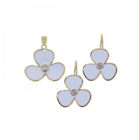 .925 Sterling Silver Gold Plated Flower White Enamel Cz Lever Back Earring & Necklace Set Sts00244wht