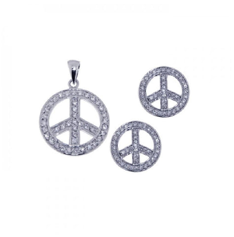 .925 Sterling Silver Rhodium Plated Open Circle Peace Sign Cz Earring & Necklace Set