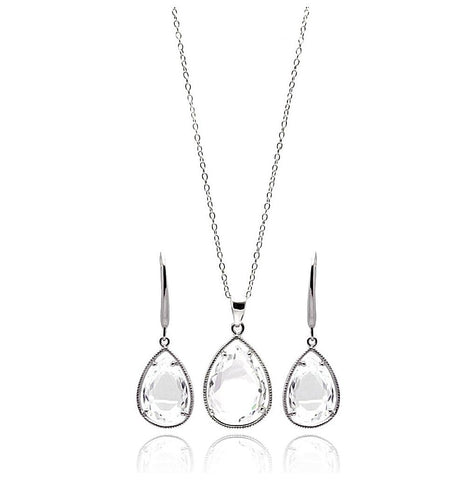 .925 Sterling Silver Rhodium Plated Teardrop Cz Dangling Lever Back Earring & Necklace Set