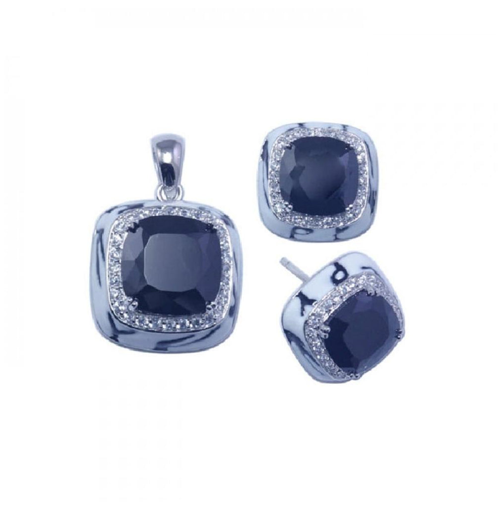 .925 Sterling Silver Rhodium Plated Square Black Cz Stud Earring & Necklace Set