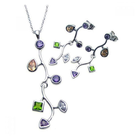 .925 Sterling Silver Rhodium Plated Multishape Multicolor Tree Branch Dangling Cz Stud Earring & Necklace Set