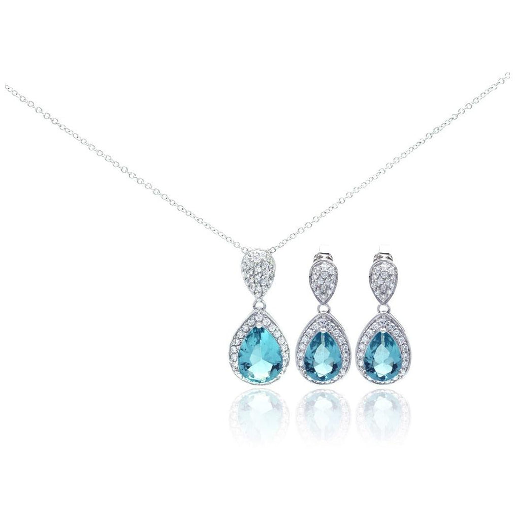 .925 Sterling Silver Rhodium Plated Blue Cz Dangling Stud Earring & Necklace Set