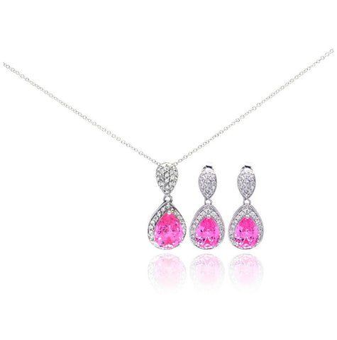 .925 Sterling Silver Rhodium Plated Pink Teardrop Cz Dangling Stud Earring & Necklace Set