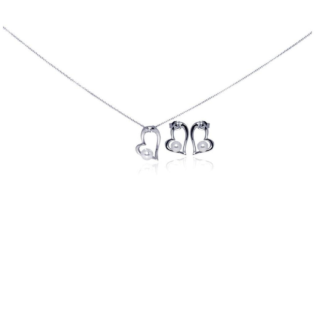 .925 Sterling Silver Rhodium Plated Open Heart Cz Stud Earring & Necklace Set