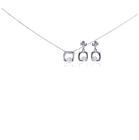 .925 Sterling Silver Rhodium Plated Open Square Cz Dangling Stud Earring & Necklace Set