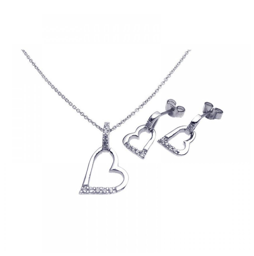 .925 Sterling Silver Rhodium Plated Open Heart Cz Stud Earring & Necklace Set