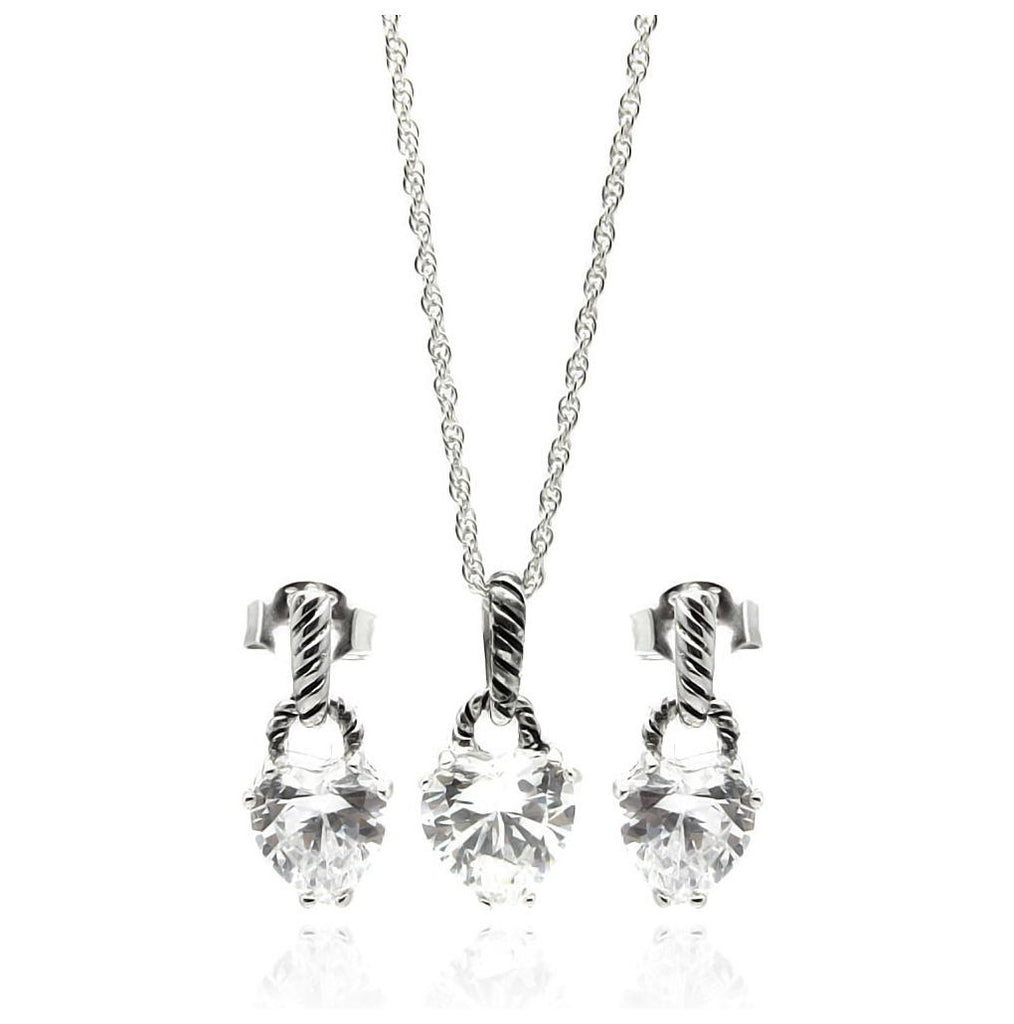 .925 Sterling Silver Rhodium Plated Heart Cz Dangling Stud Earring & Necklace Set