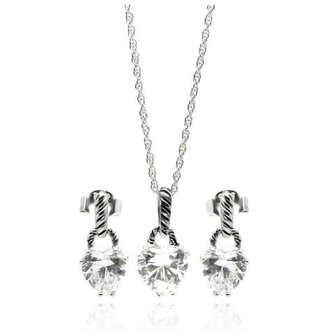 .925 Sterling Silver Rhodium Plated Heart Cz Dangling Stud Earring & Necklace Set