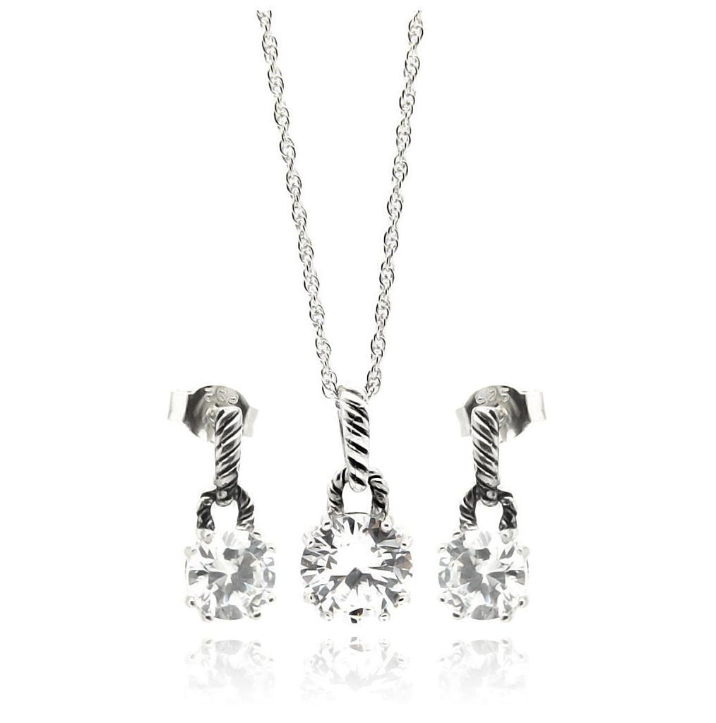 .925 Sterling Silver Rhodium Plated Round Cz Dangling Stud Earring & Necklace Set