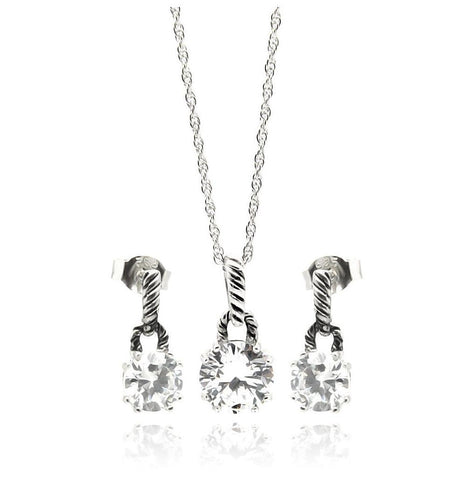 .925 Sterling Silver Rhodium Plated Round Cz Dangling Stud Earring & Necklace Set