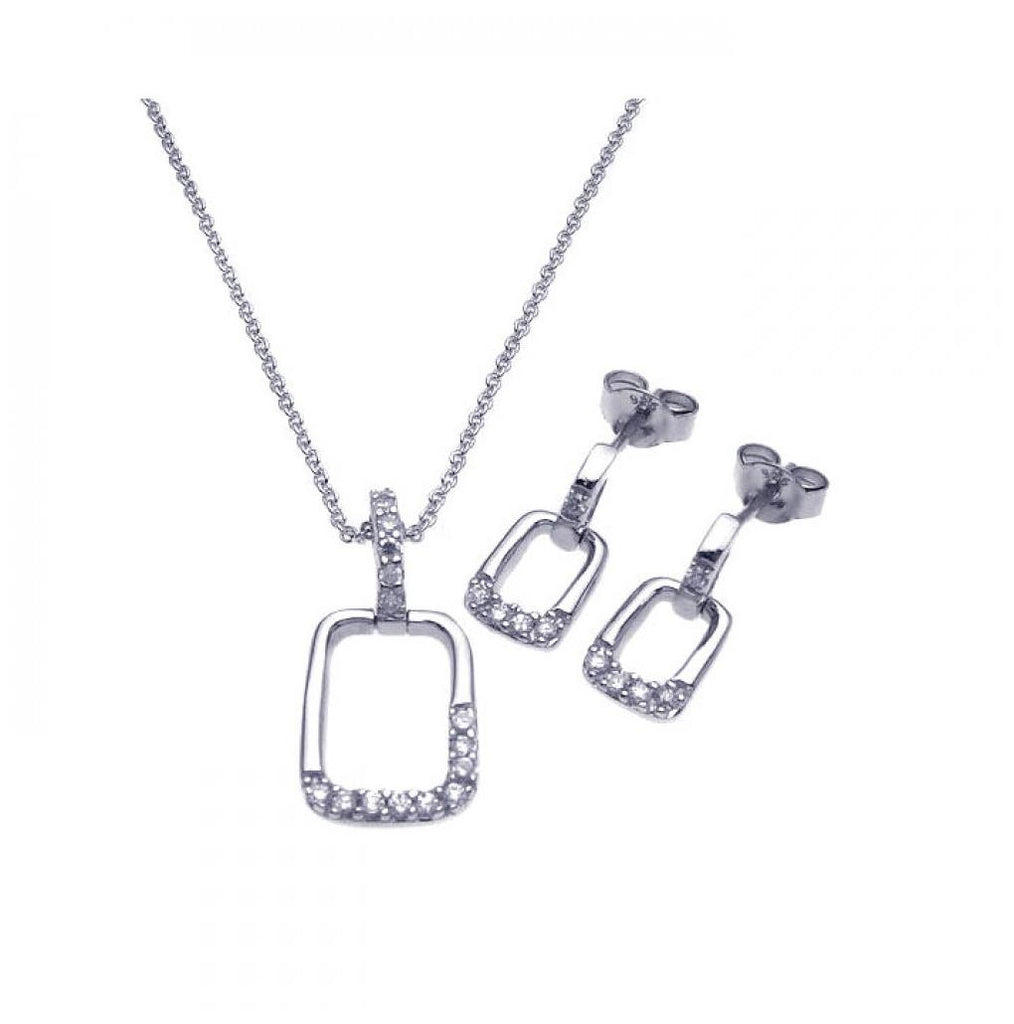 .925 Sterling Silver Rhodium Plated Open Square Cz Dangling Stud Earring & Necklace Set