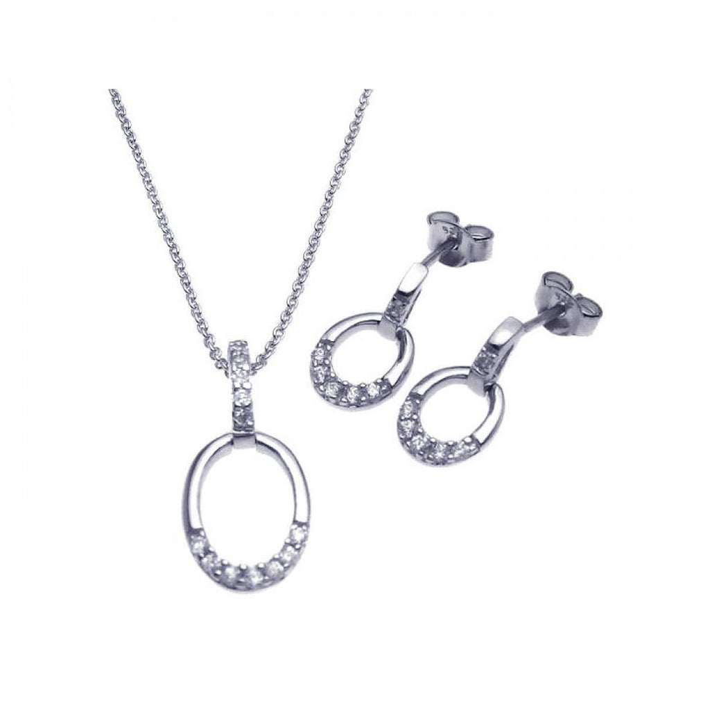 .925 Sterling Silver Rhodium Plated Open Circle Cz Dangling Stud Earring & Necklace Set