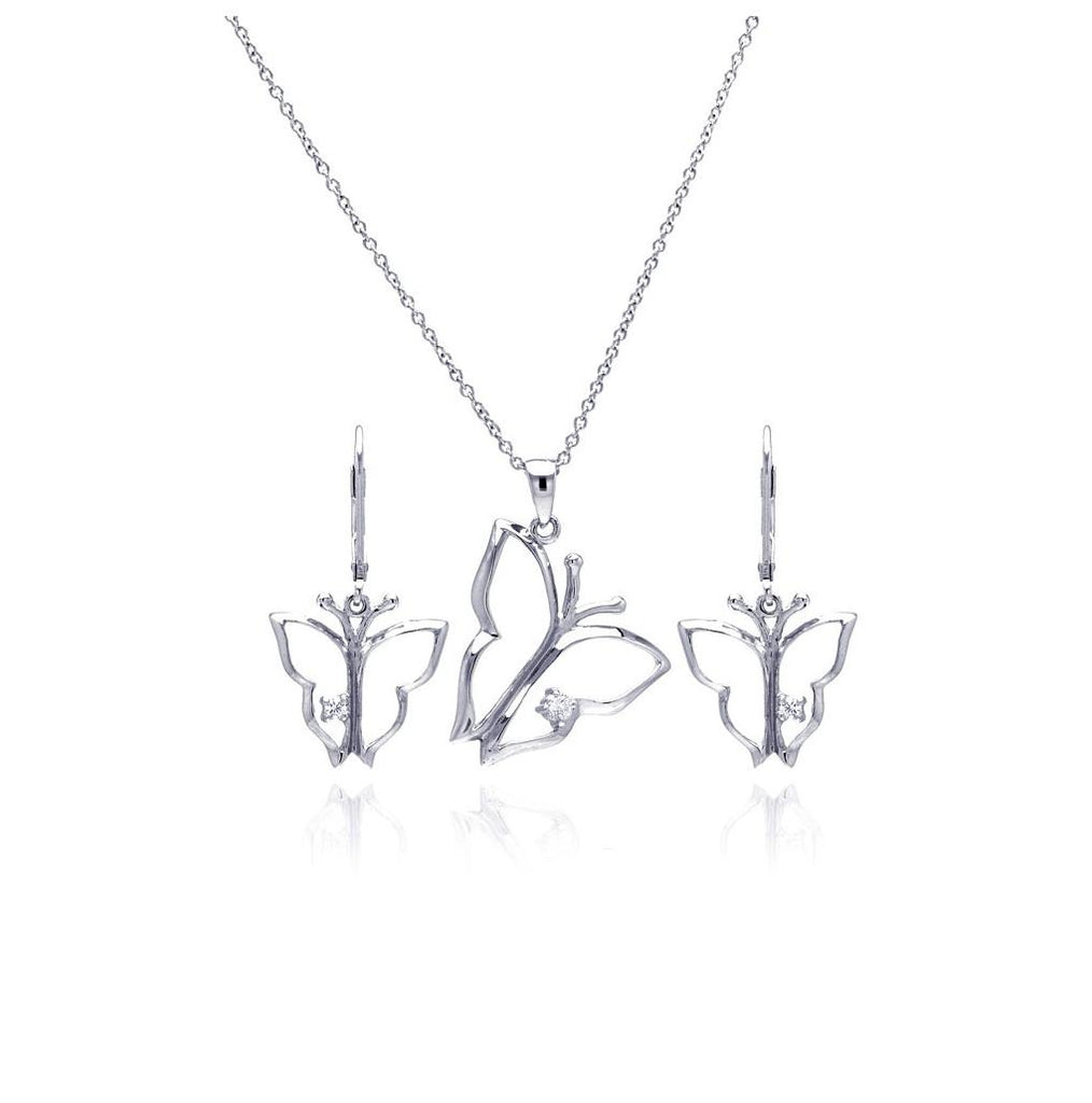 .925 Sterling Silver Rhodium Plated Open Butterfly Cz Dangling Lever Back Earring & Necklace Set