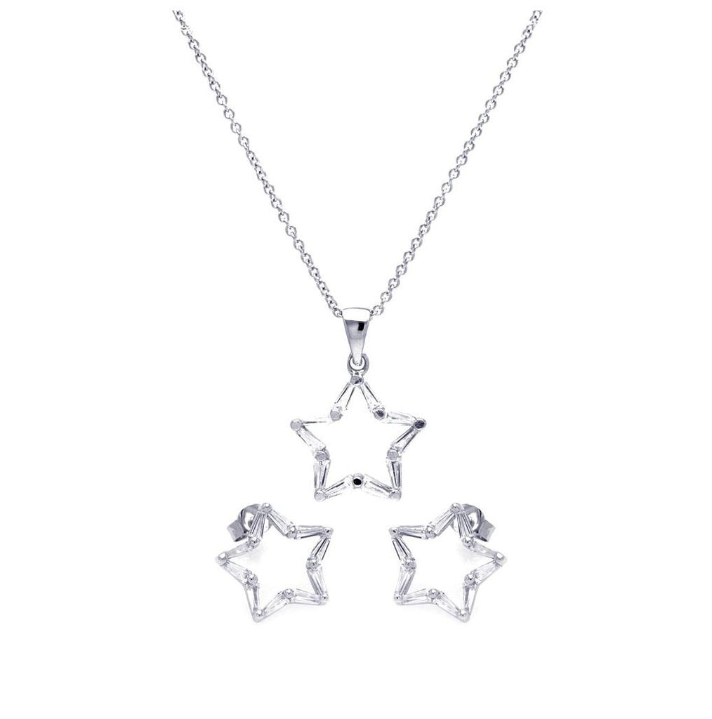 .925 Sterling Silver Rhodium Plated Open Star Cz Stud Earring & Necklace Set