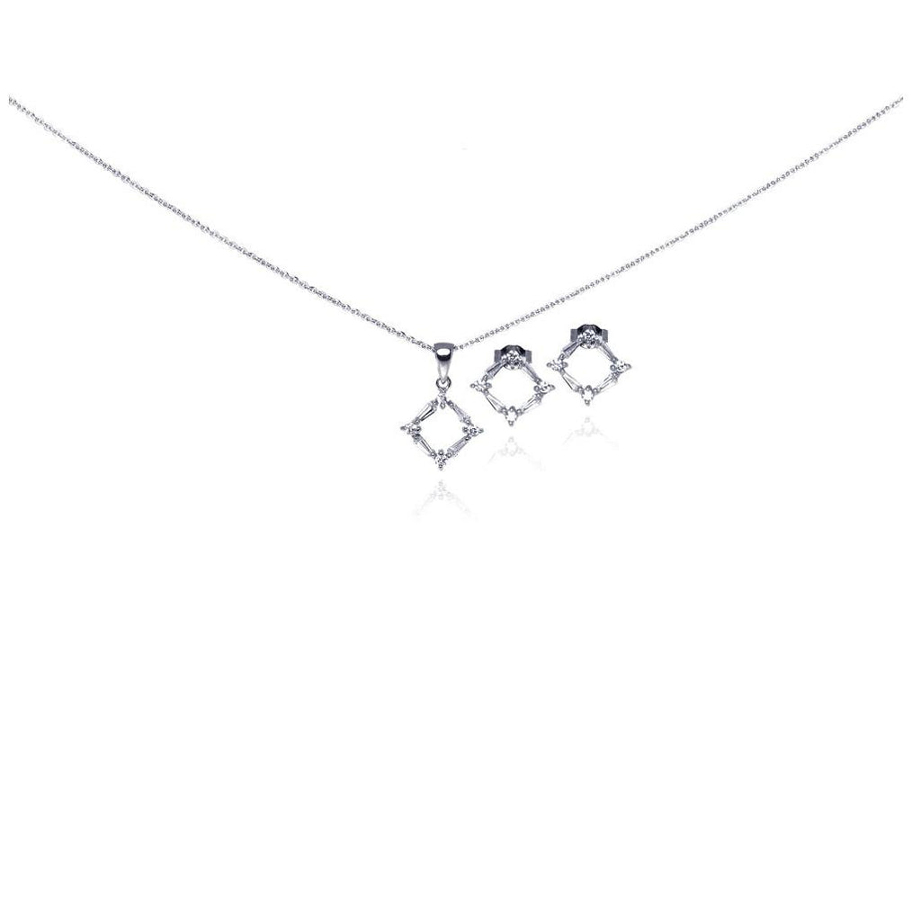 .925 Sterling Silver Rhodium Plated Open Square Cz Stud Earring & Necklace Set