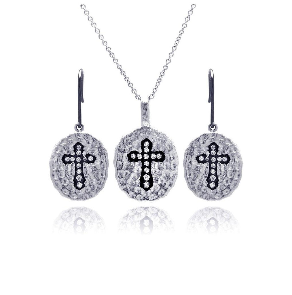 .925 Sterling Silver Black & Rhodium Plated Round Black Cross Cz Inlay Dangling Hook Earring & Necklace Set