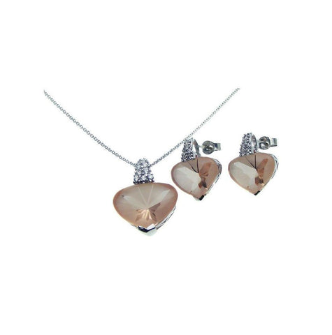 .925 Sterling Silver Rhodium Plated Heart Champagne Cz Stud Earring & Necklace Set