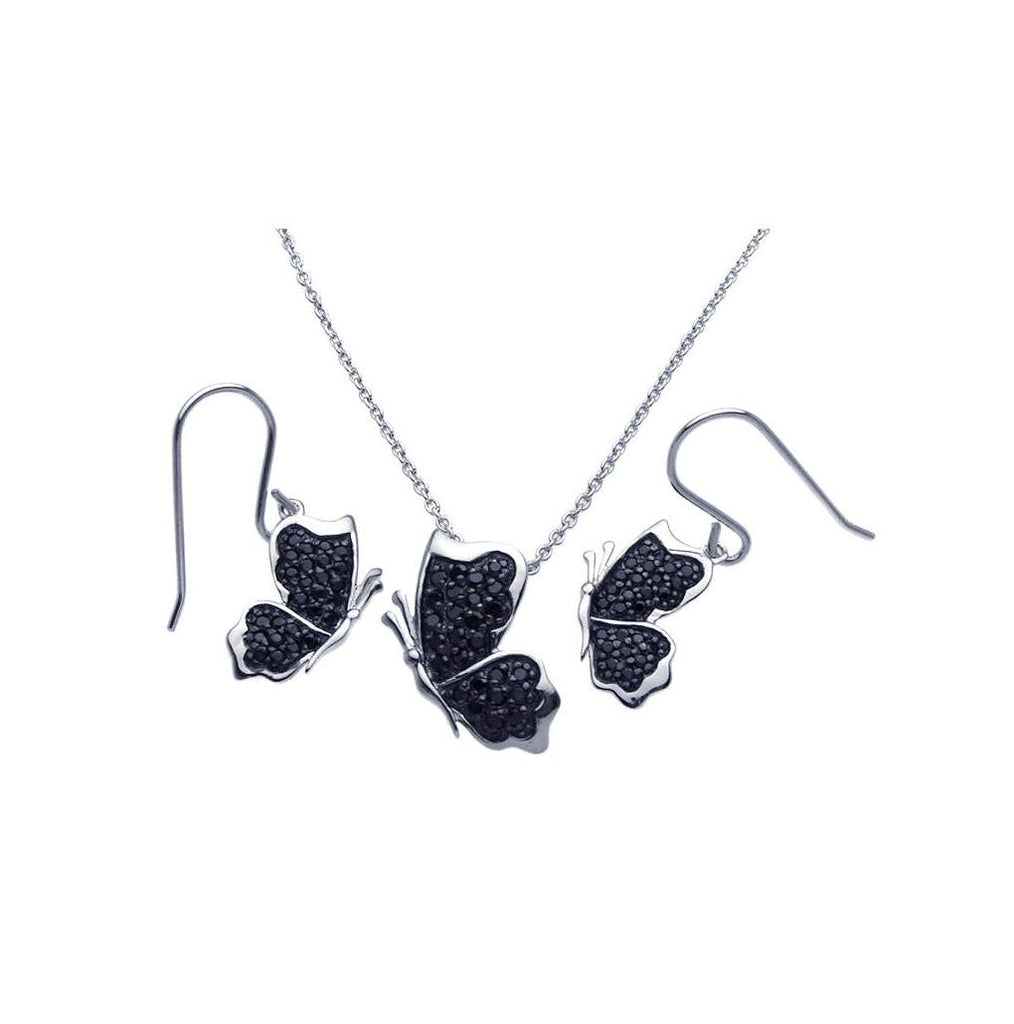 .925 Sterling Silver Rhodium Plated Black Butterfly Cz Dangling Hook Earring & Necklace Set