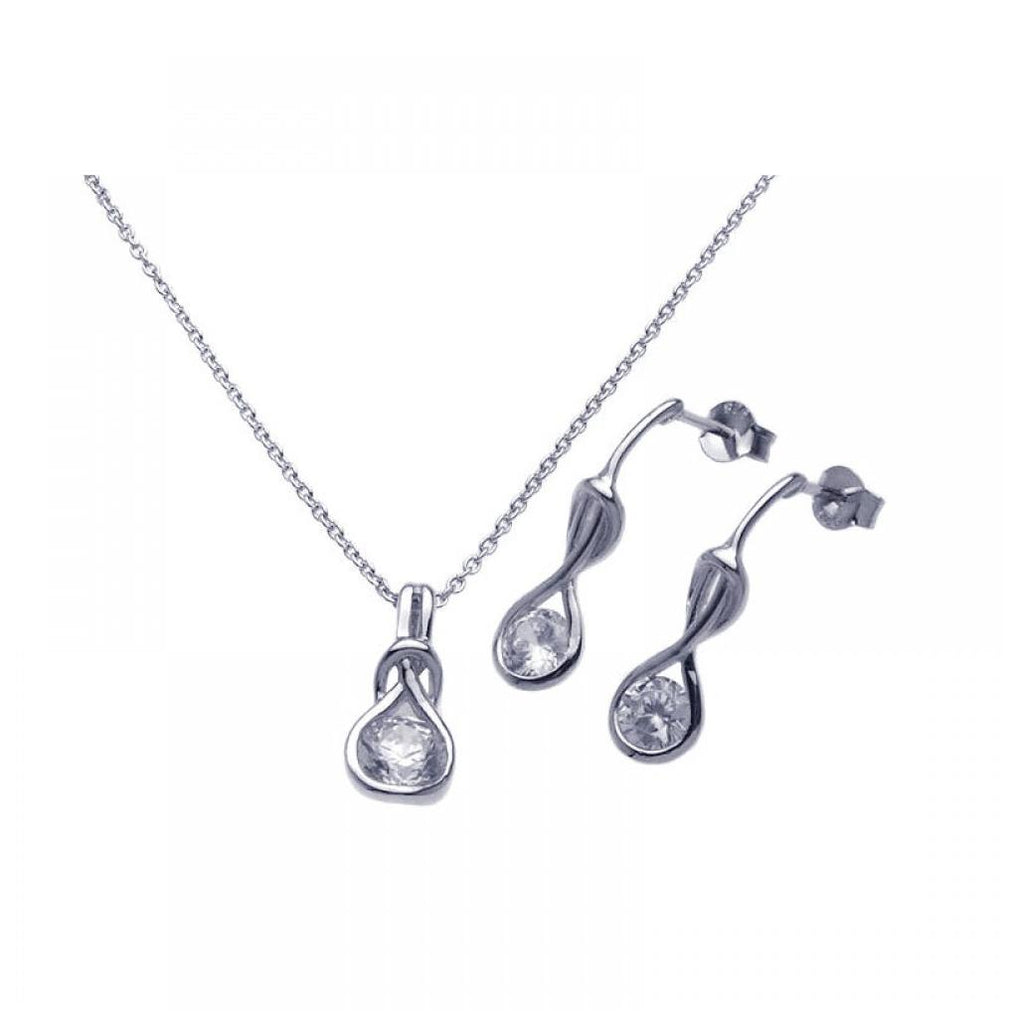 .925 Sterling Silver Rhodium Plated Twisted Circle Round Clear Cz Stud Earring & Necklace Set