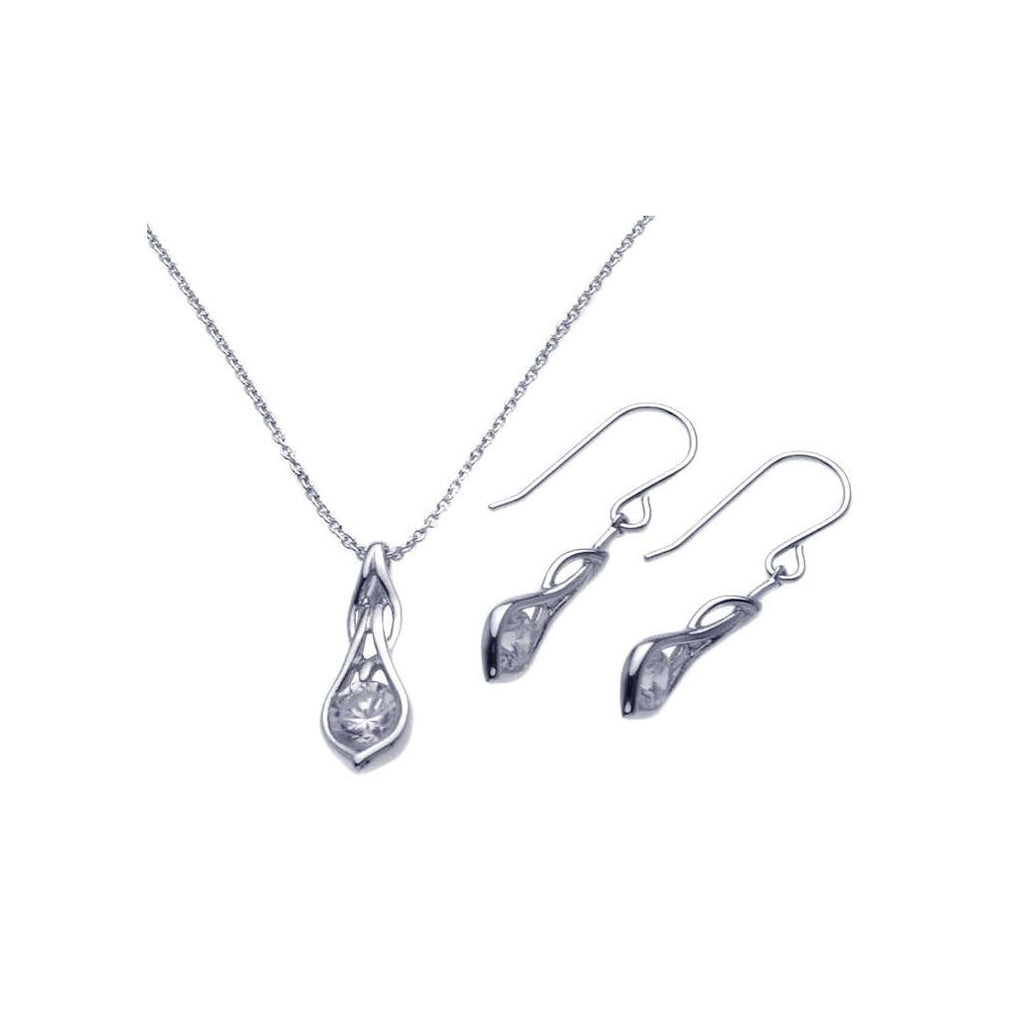 .925 Sterling Silver Rhodium Plated Teardrop Clear Cz Dangling Hook Earring & Necklace Set