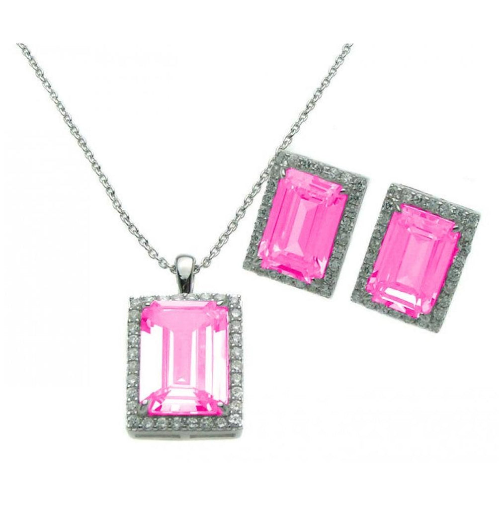 .925 Sterling Silver Rhodium Plated Rectangle Pink Cz Stud Earring & Necklace Set