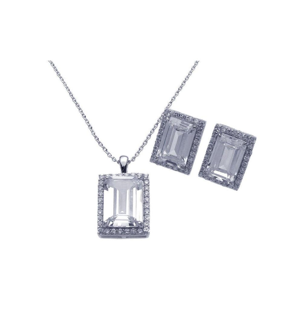 .925 Sterling Silver Rhodium Plated Square Cz Stud Earring & Necklace Set