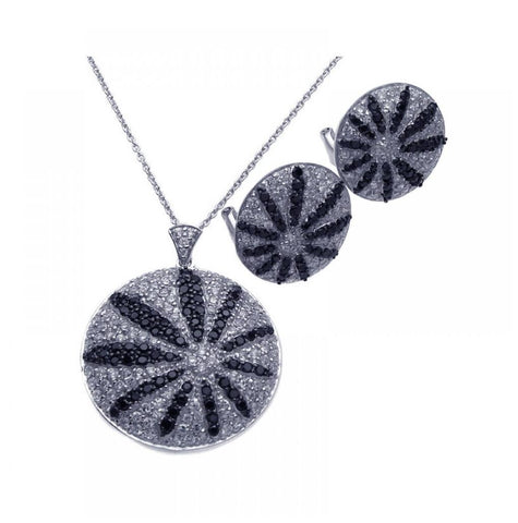 .925 Sterling Silver Rhodium Plated Black & Clear Sun Flower Cz Stud Earring & Necklace Set