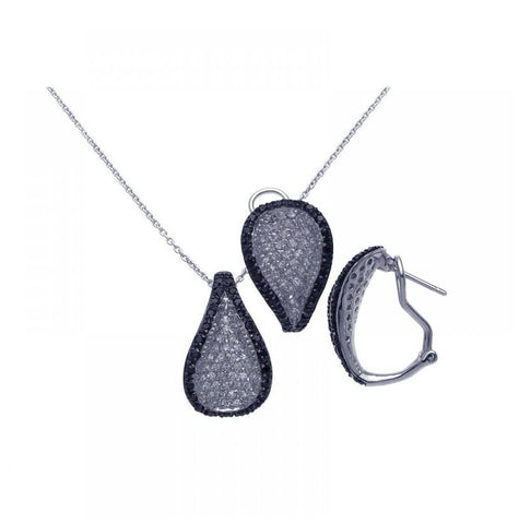 .925 Sterling Silver Black & Rhodium Plated Teardrop Black Cz Lever Back Earring & Necklace Set