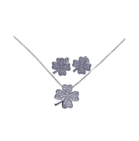 .925 Sterling Silver Rhodium Plated Clover Cz Stud Earring & Necklace Set