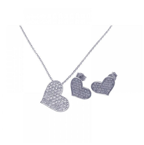 .925 Sterling Silver Rhodium Plated Heart Cz Stud Earring & Necklace Set