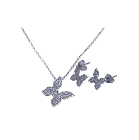 .925 Sterling Silver Rhodium Plated Butterfly Cz Stud Earring & Necklace Set