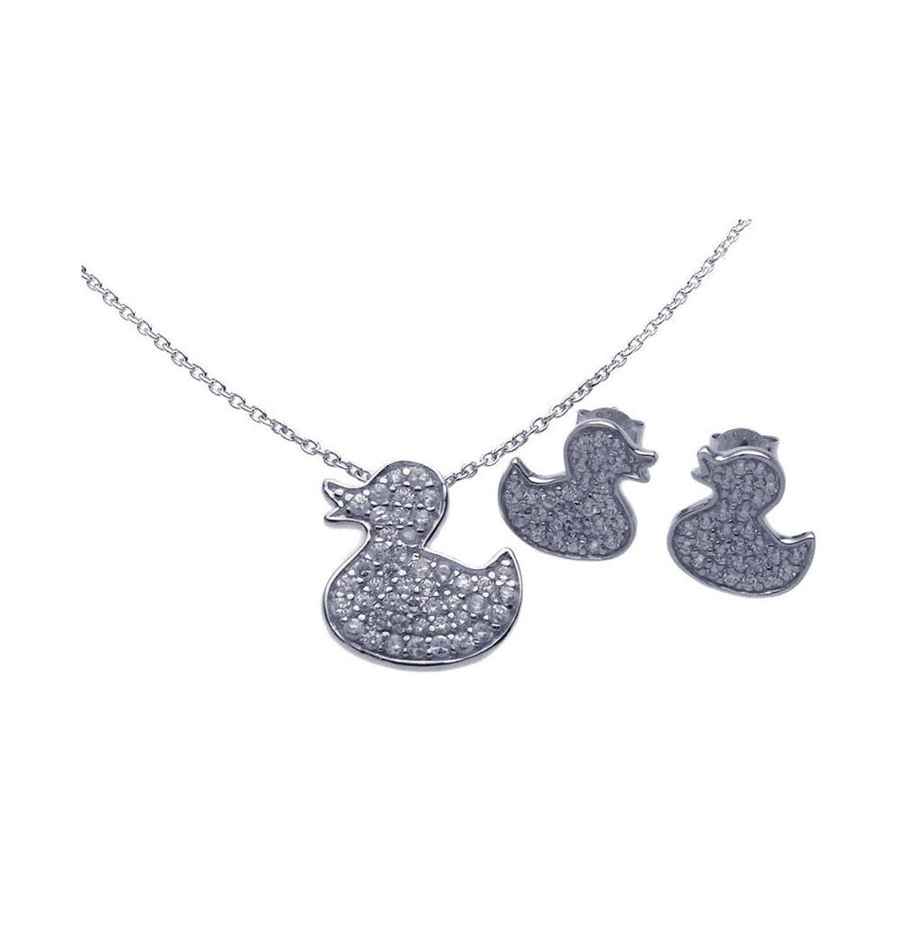 .925 Sterling Silver Rhodium Plated Duck Cz Stud Earring & Necklace Set