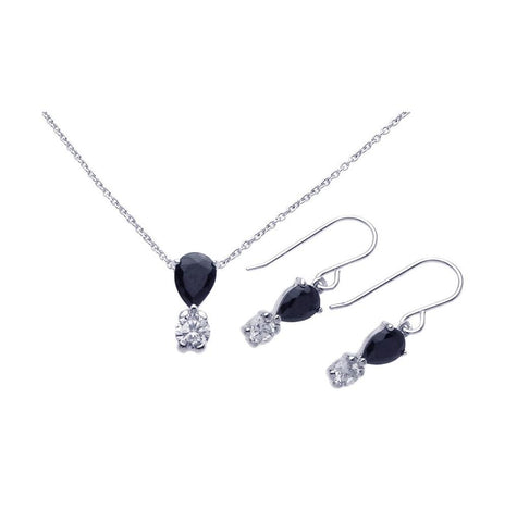 .925 Sterling Silver Rhodium Plated Round Teardrop Cz Dangling Hook Earring & Necklace Set