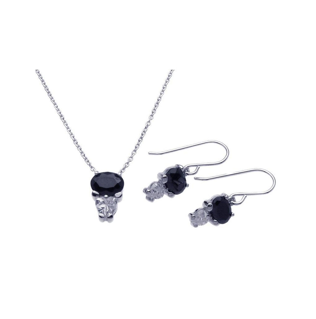 .925 Sterling Silver Rhodium Plated Black Cz Dangling Hook Earring & Necklace Set