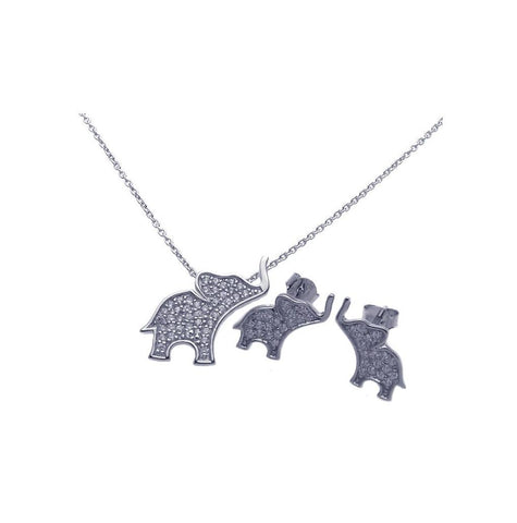 .925 Sterling Silver Rhodium Plated Elephant Cz Stud Earring & Necklace Set