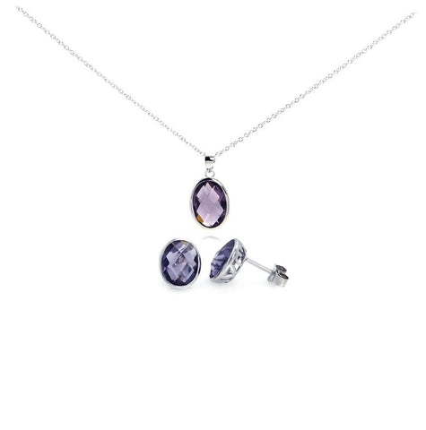 .925 Sterling Silver Rhodium Plated Oval Purple Cz Post Earring & Necklace Set