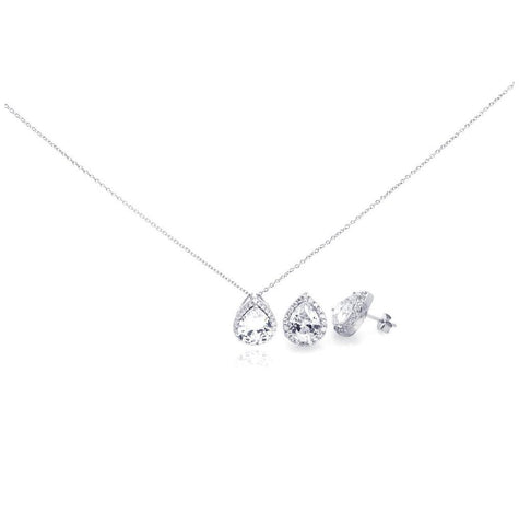 .925 Sterling Silver Rhodium Plated Clear Teardrop Cz Stud Earring & Necklace Set