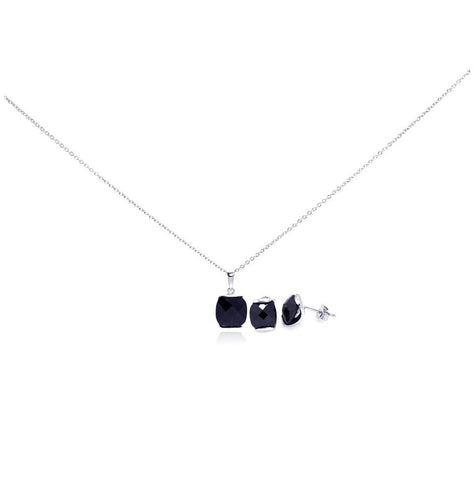 .925 Sterling Silver Rhodium Plated Square Black Cz Stud Earring & Necklace Set