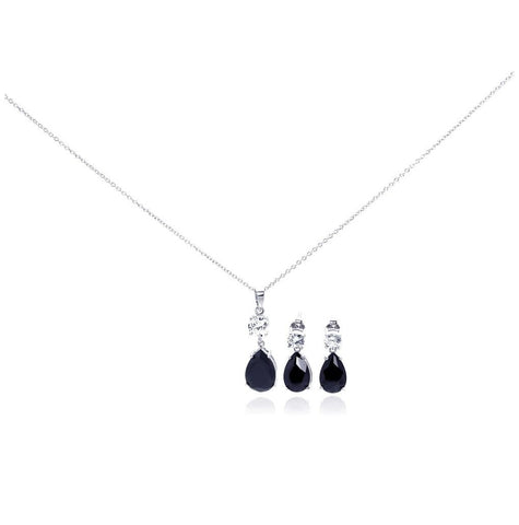 .925 Sterling Silver Rhodium Plated Teardrop Black Cz Stud Earring & Necklace Set