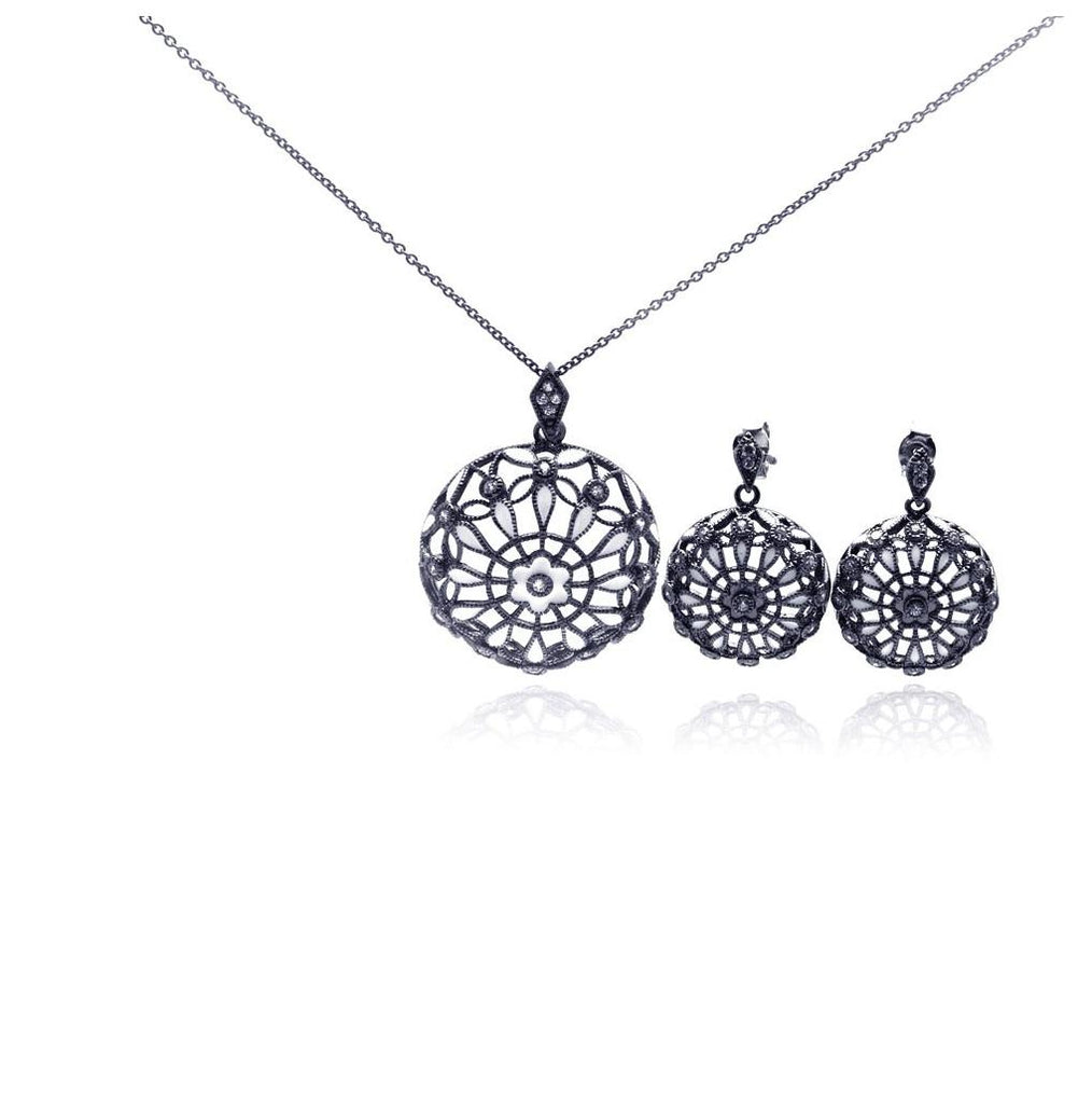 .925 Sterling Silver Rhodium Plated Flower Round Black Cz Dangling Stud Earring & Necklace Set