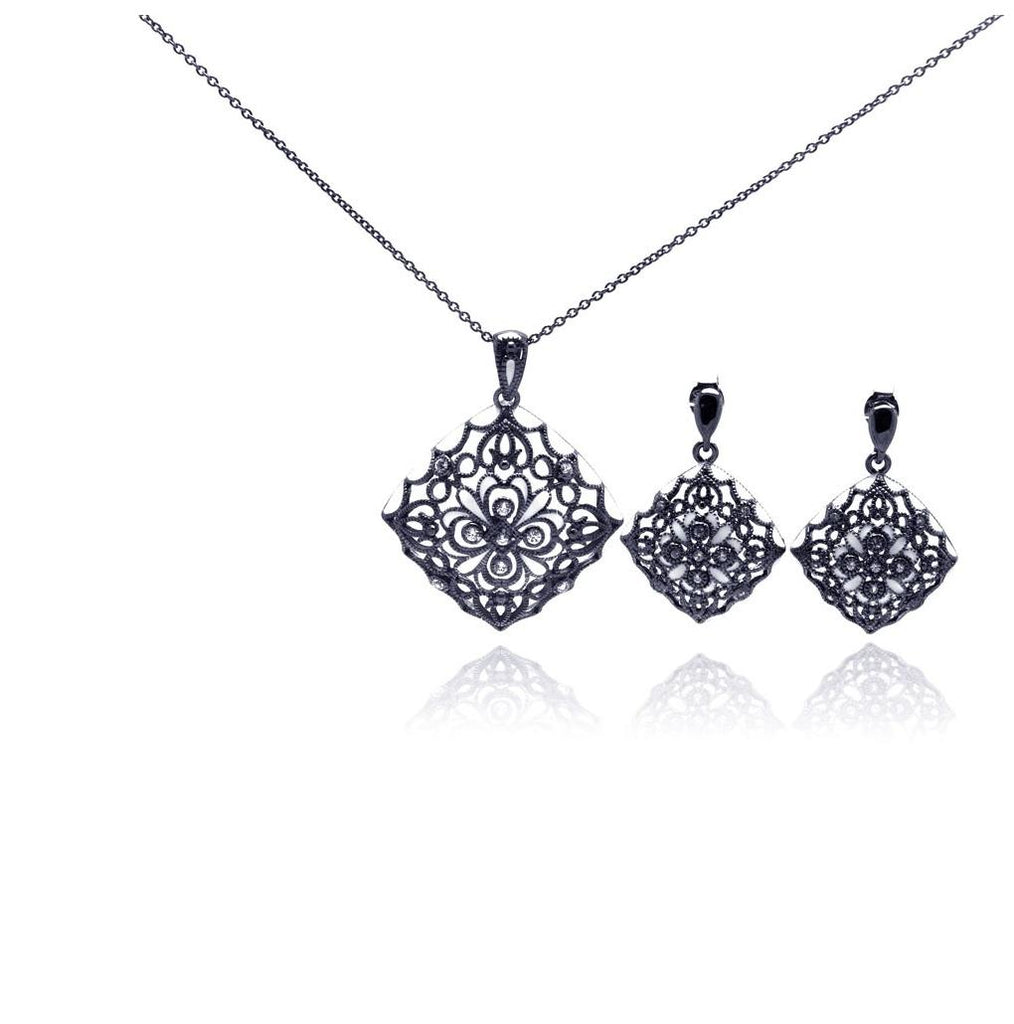 .925 Sterling Silver Rhodium Plated Flower Black Cz Dangling Earring & Necklace Set