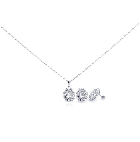 .925 Sterling Silver Rhodium Plated Round Cz Stud Earring & Necklace Set