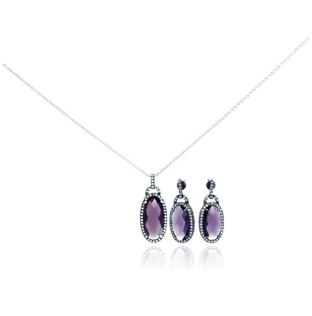 .925 Sterling Silver Rhodium Plated Oval Purple Cz Dangling Stud Earring & Necklace Set