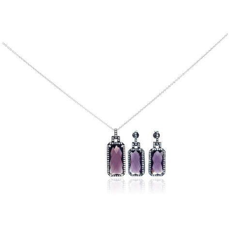 .925 Sterling Silver Rhodium Plated Purple Rectangle Cz Dangling Stud Earring & Necklace Set