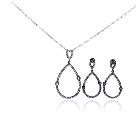 .925 Sterling Silver Rhodium Plated Open Teardrop Cz Dangling Stud Earring & Necklace Set